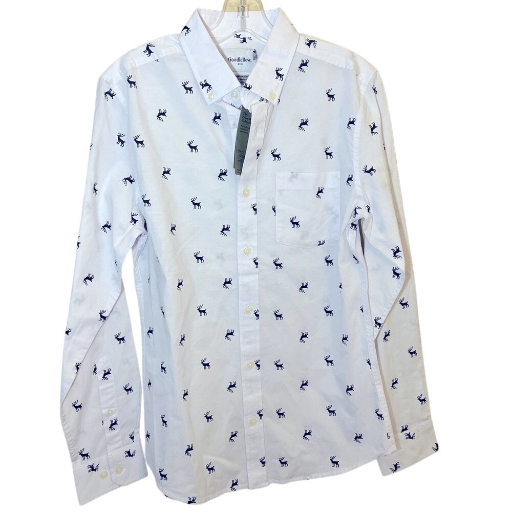 Goodfellow Reindeer Print Long Sleeve Button Down Shirt Mens Small Slim NWT - Picture 1 of 11